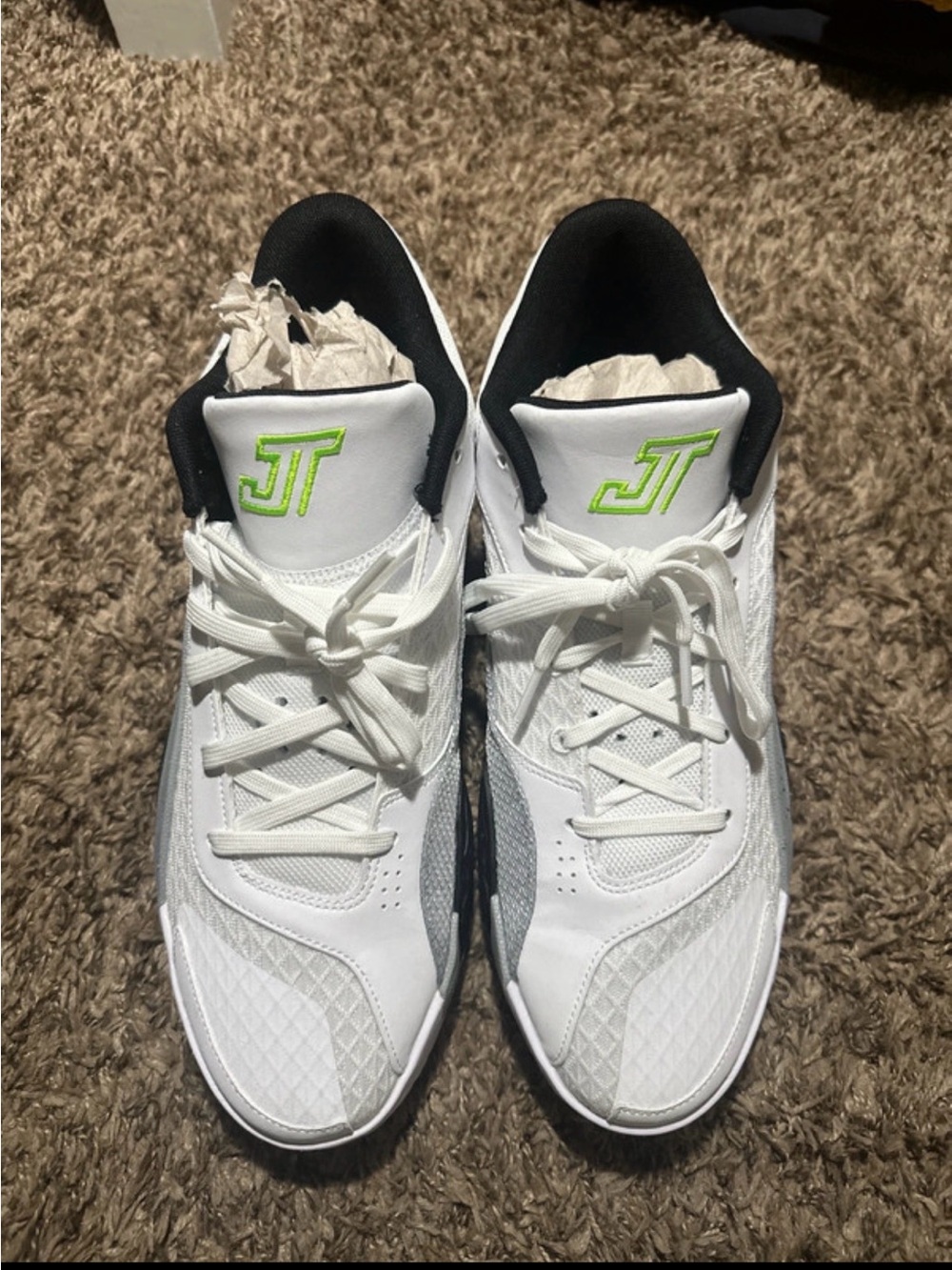 Jordan White Athletic Sneakers with Black Collar and Neon Green Logo